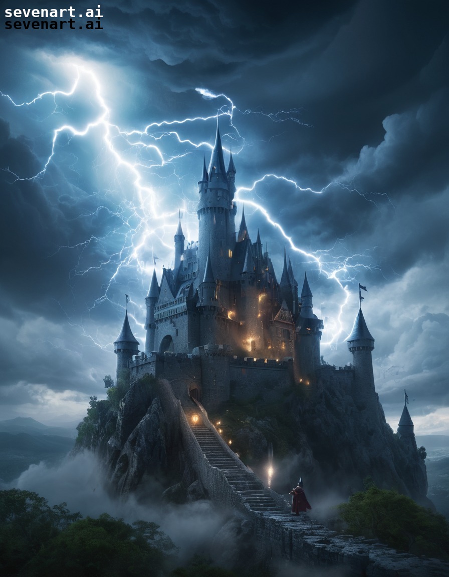 wizard, storm, lightning, castle, power, fantasy