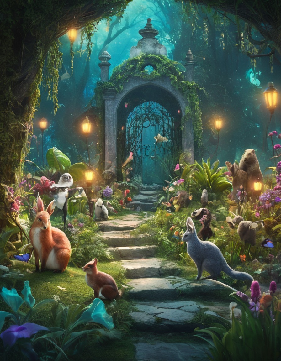 enchanted, garden, talking animals, mystical plants, fantasy