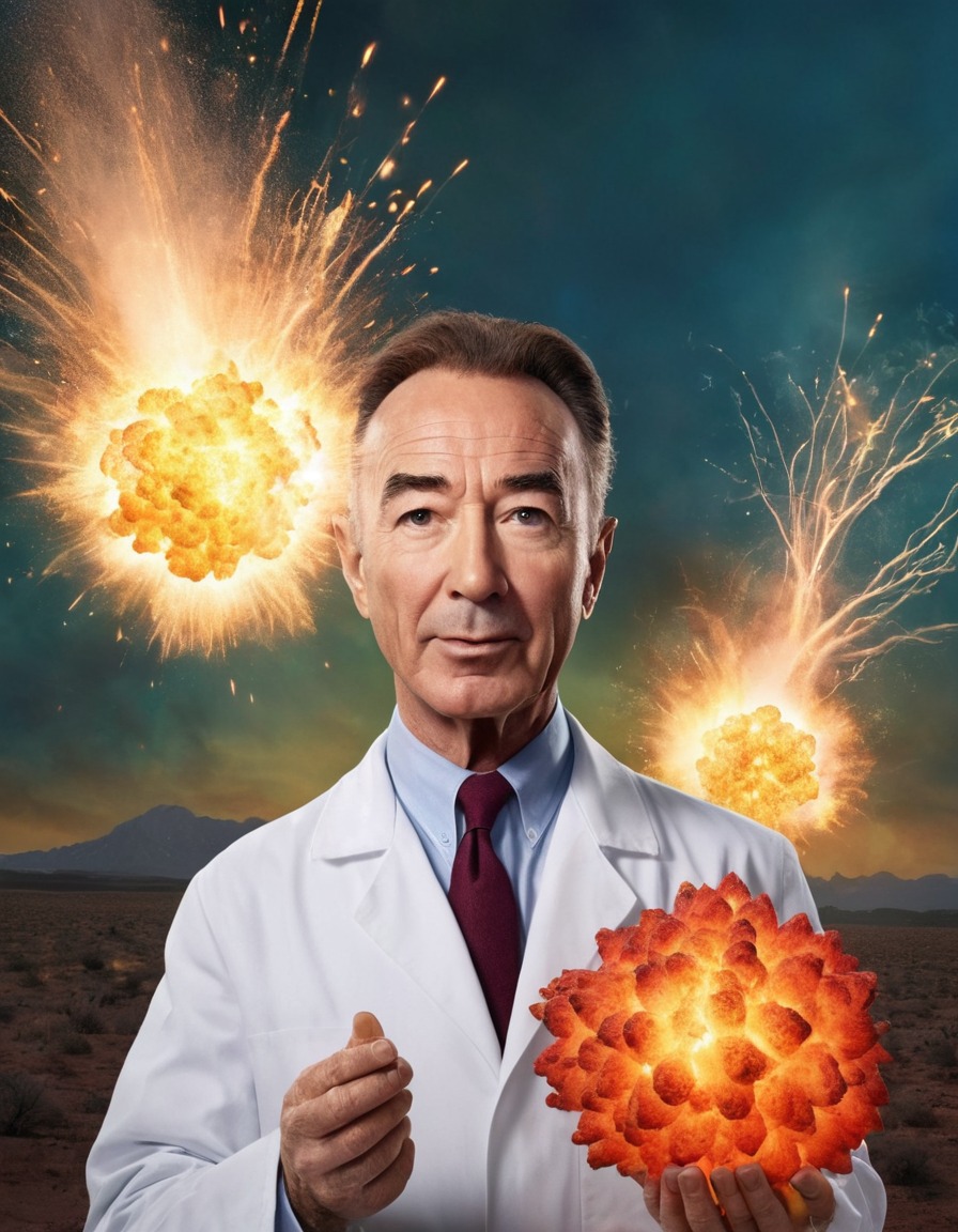 caricature, robert oppenheimer, lab coat, exploding atom, funny