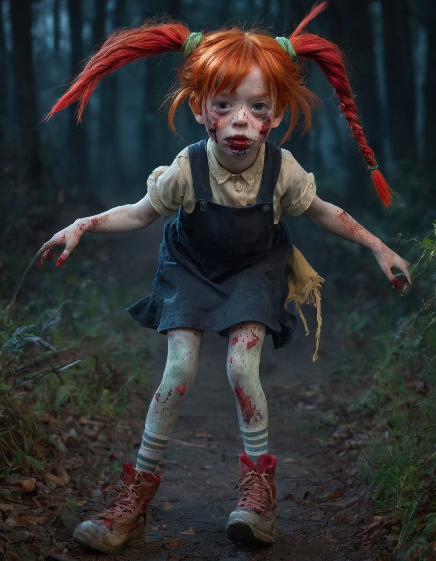 pippi longstocking, red hair, mismatched socks, eerie, zombie-like, zombie