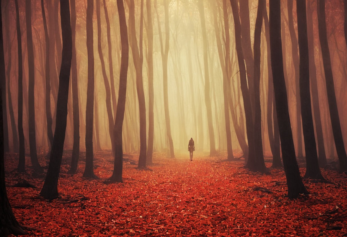 autumn, fall, fog, forest, landscape, light, mist, nature, outdoor, trees, woods