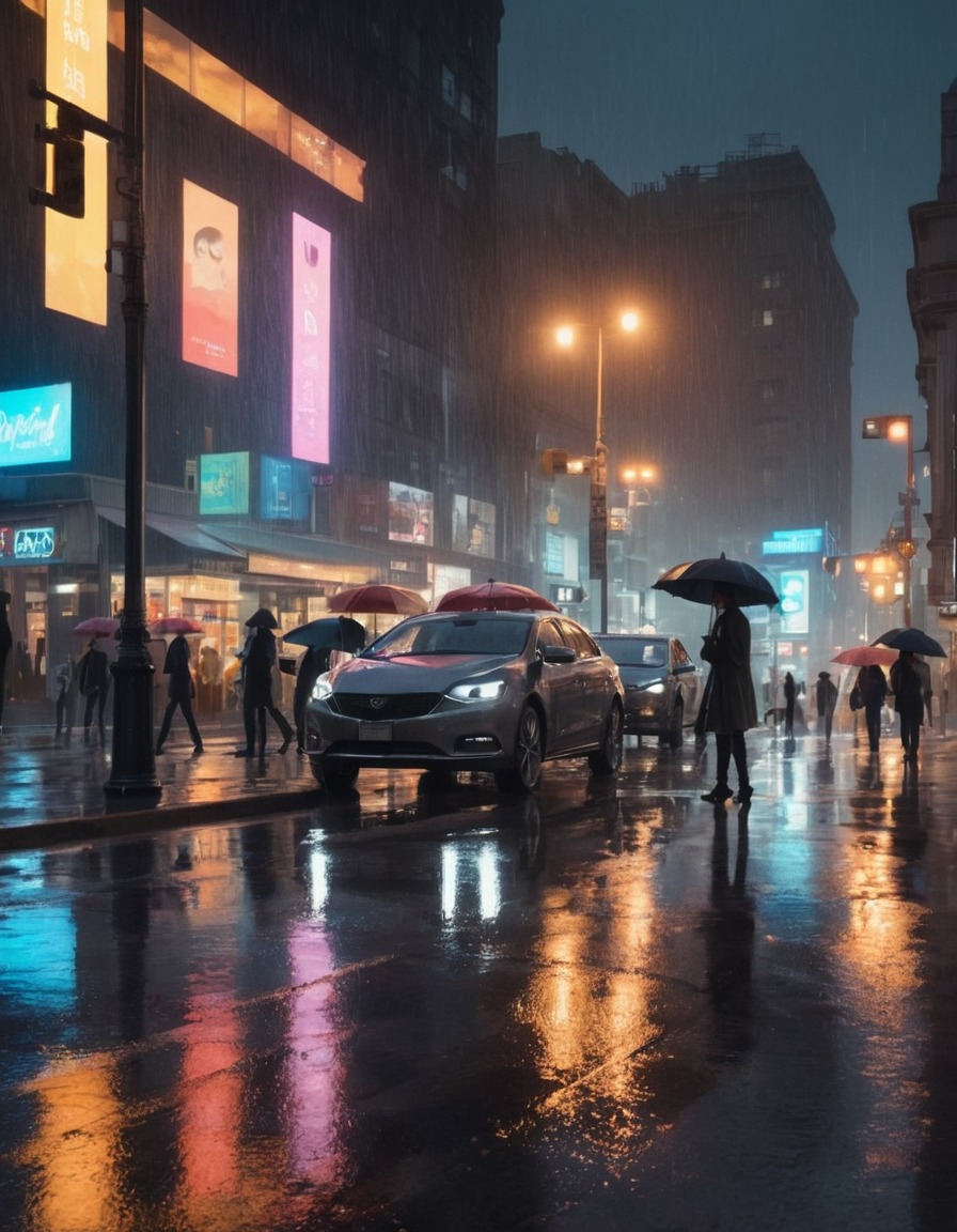 rainy evening, bustling street intersection, car headlights, pedestrians with umbrellas