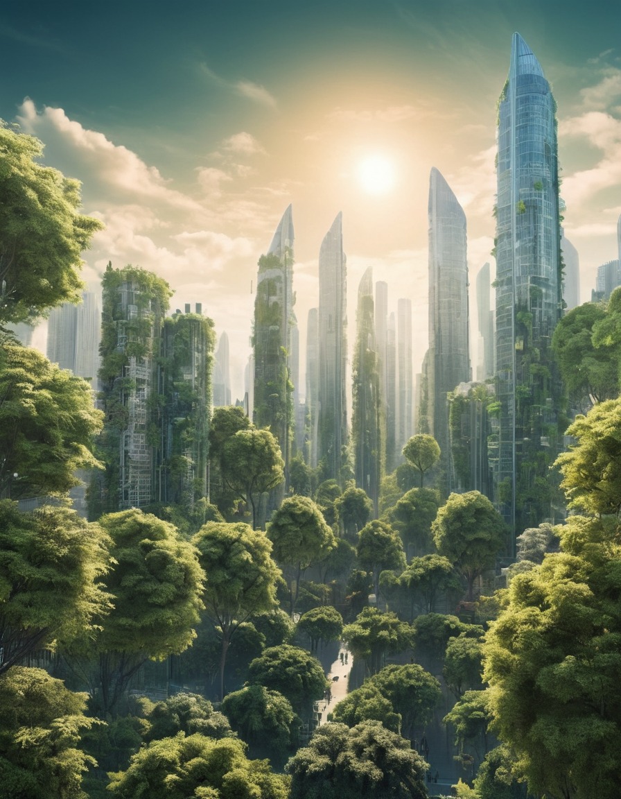 surreal, cityscape, skyscrapers, trees, nature, city