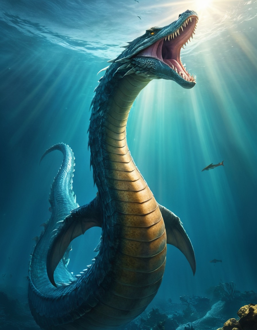 sea serpent, mythical creature, monster, scales, shimmering, sunlight