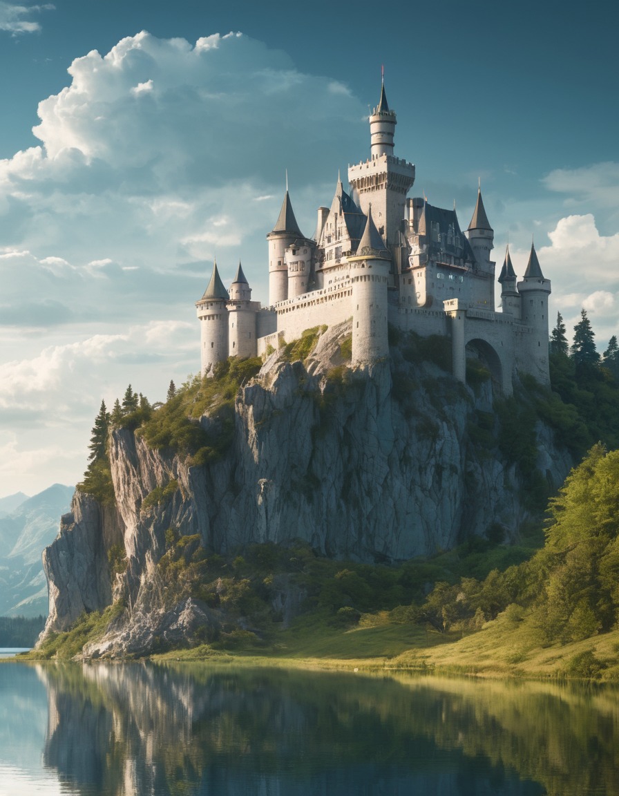 castle, hilltop, lake, majestic, serene