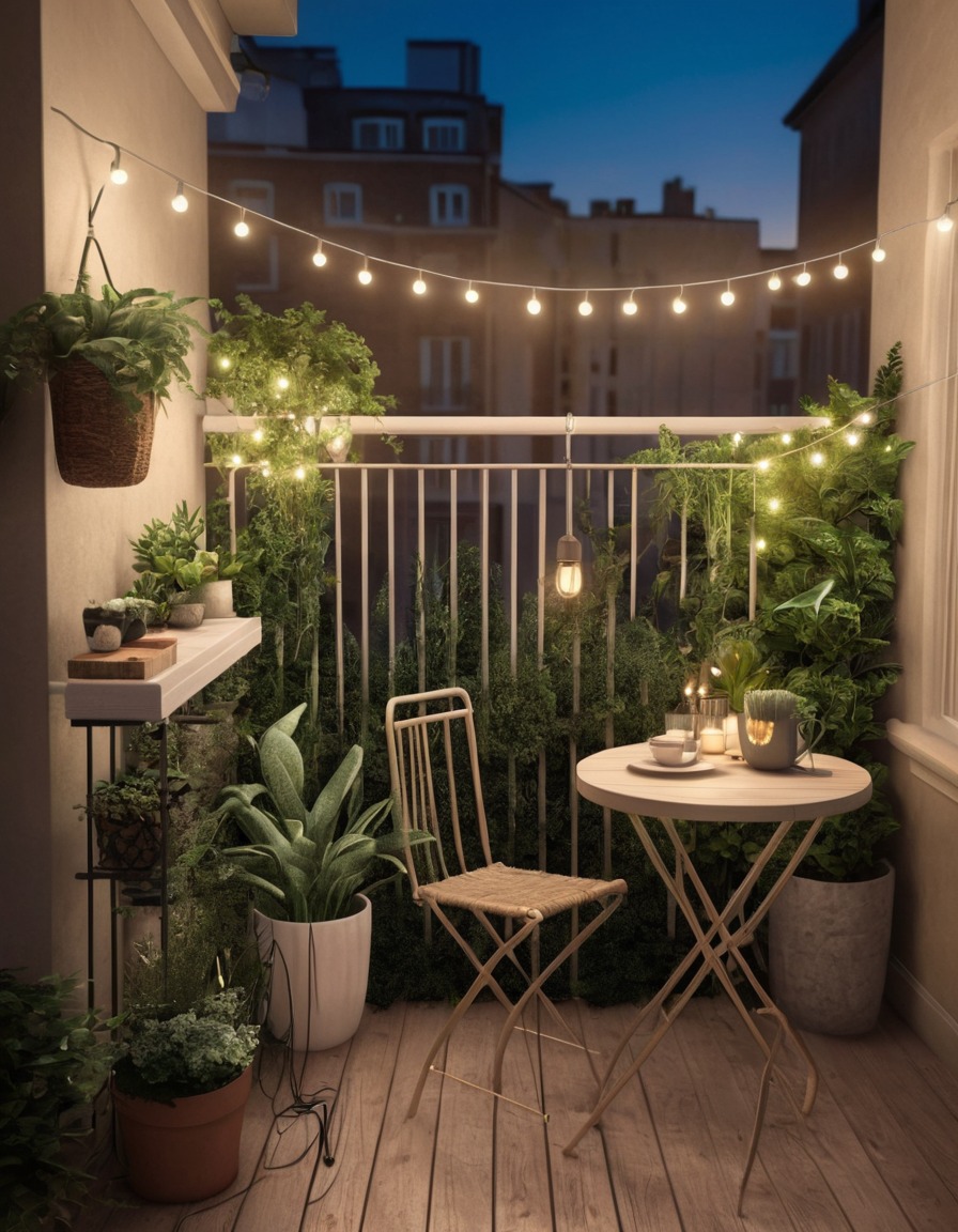 balcony, small space, oasis, plant-filled, string lights, bistro set, home, interior