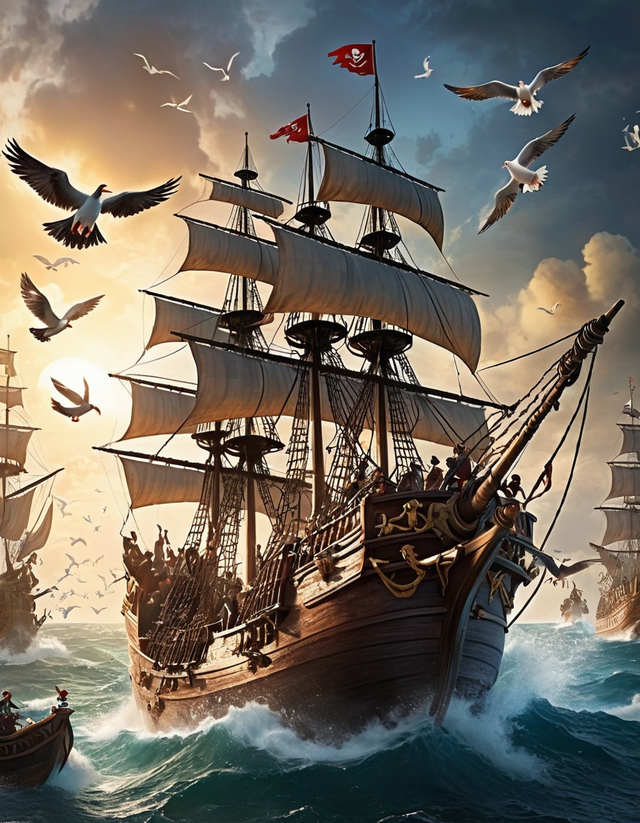 captain hook, pirate ship, seagulls, attack, sailing, adventure, books