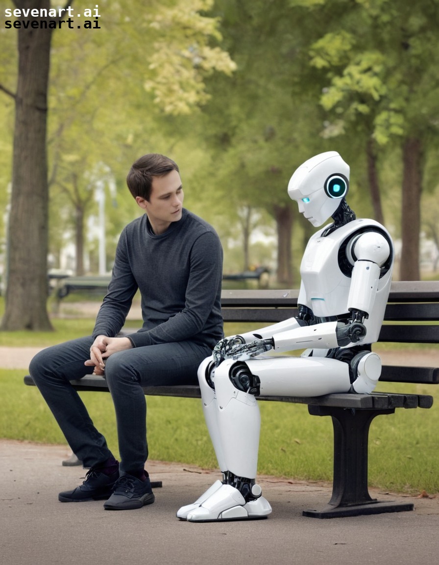 robot, human, technology, companionship, parkbench, robots