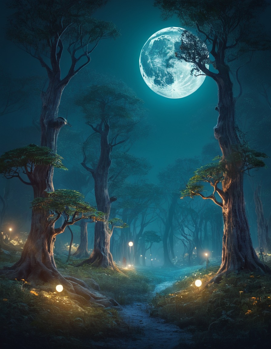 enchanted forest, trees, dancing, full moon, magic