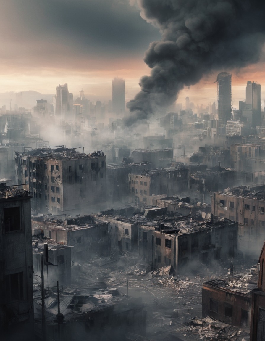 destruction, city, smoke, urban, disaster, war