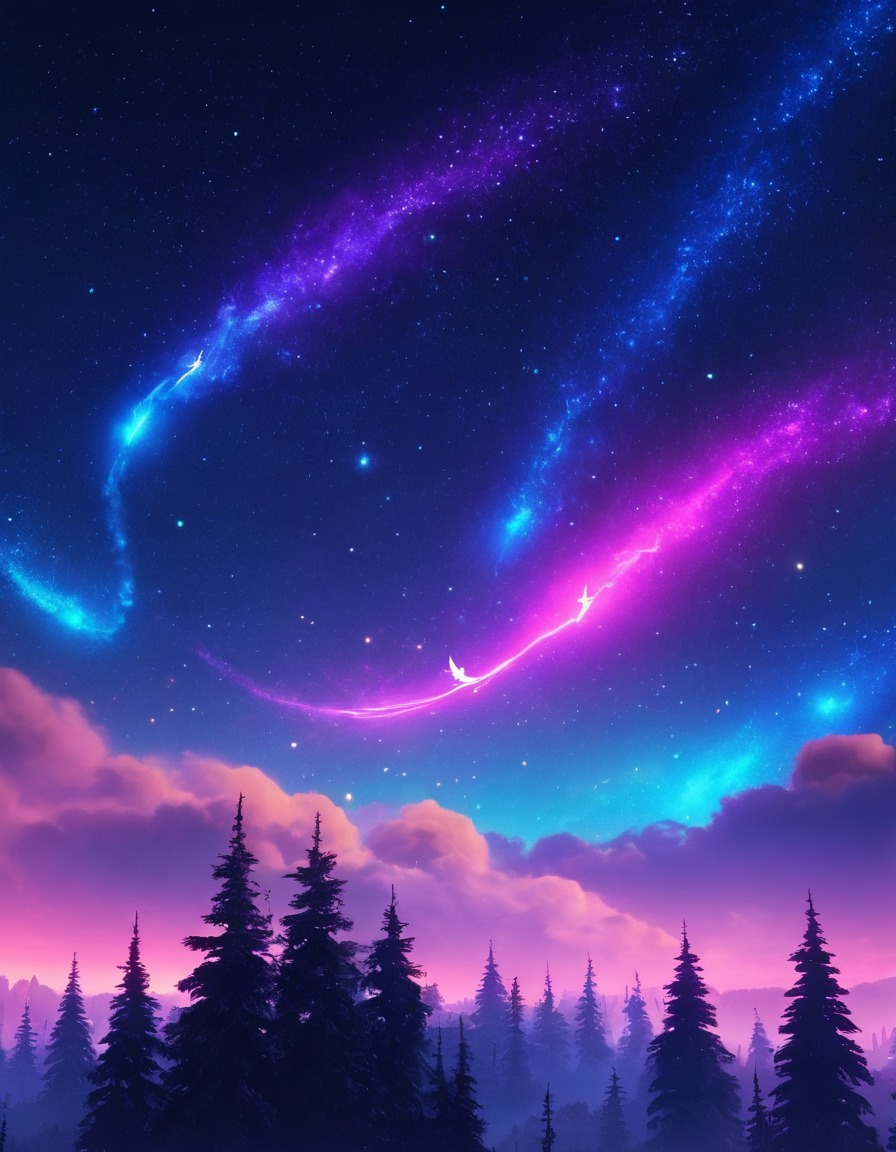 night sky, neon colors, mystical creatures, fantastic