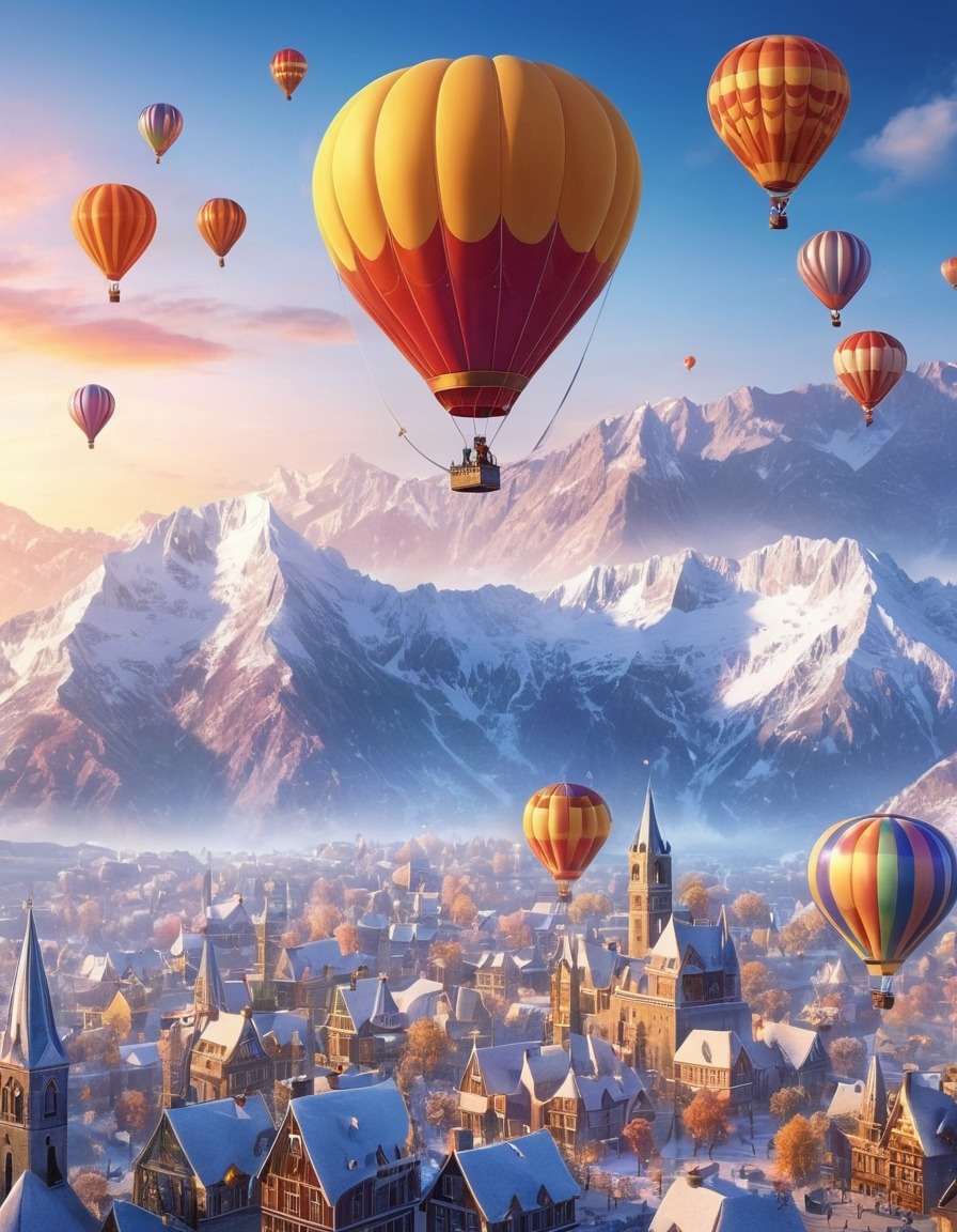 mountain, city skyline, hot air balloons, winter landscape, nature, city