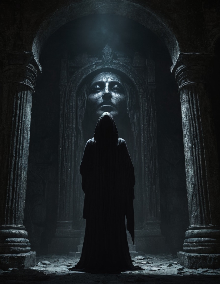 mystical, shadowy figure, prophecies, forgotten temple