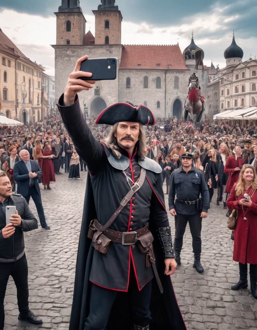 vlad the impaler, selfie, tourists, crowded city square