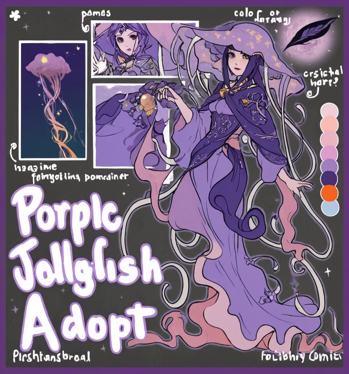 characterdesign, adoptable, adoptablesopen, fantasycharacter, referencesheet, characterconcept, humanoid, adoptables, character, colorpalette, design, dnd, dungeonsanddragons, eyes, fantasy, jellyfish, mage, monstergirl, original, pink, purple, refsheet, silver, tentacles, ttrpg, witch, jellyfishgirl, afoptables, hunnibunni