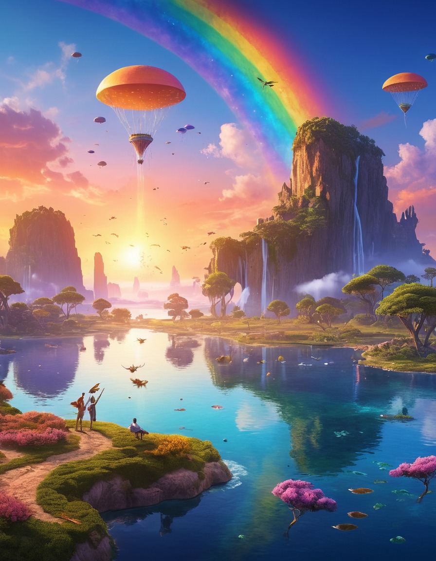 sunset, landscape, floating islands, flying creatures, fantasy world, fantastic