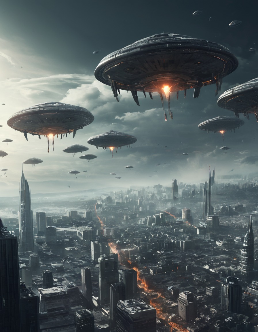 alien invasion, spacecrafts, advanced weapons, cityscape, war, aliens, three body problem, trisolaran