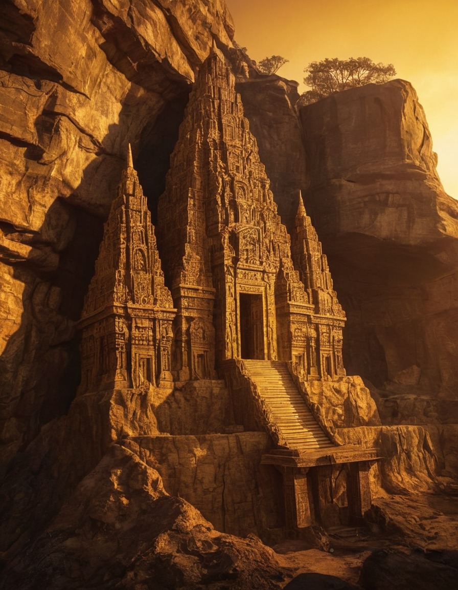 mystical, temple, cliff face, golden light, spirituality, architecture, awe-inspiring