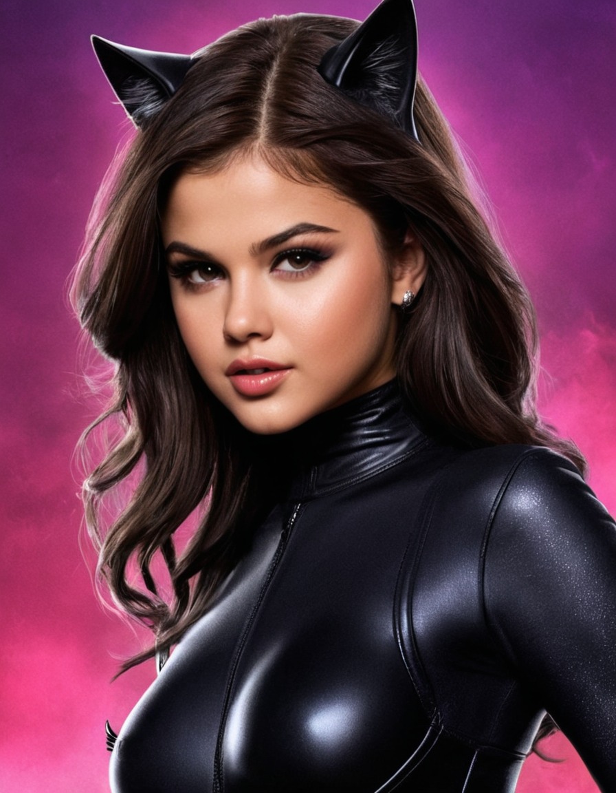 catwoman, selena gomez, dc comics, superhero, actress, feline grace, black catsuit