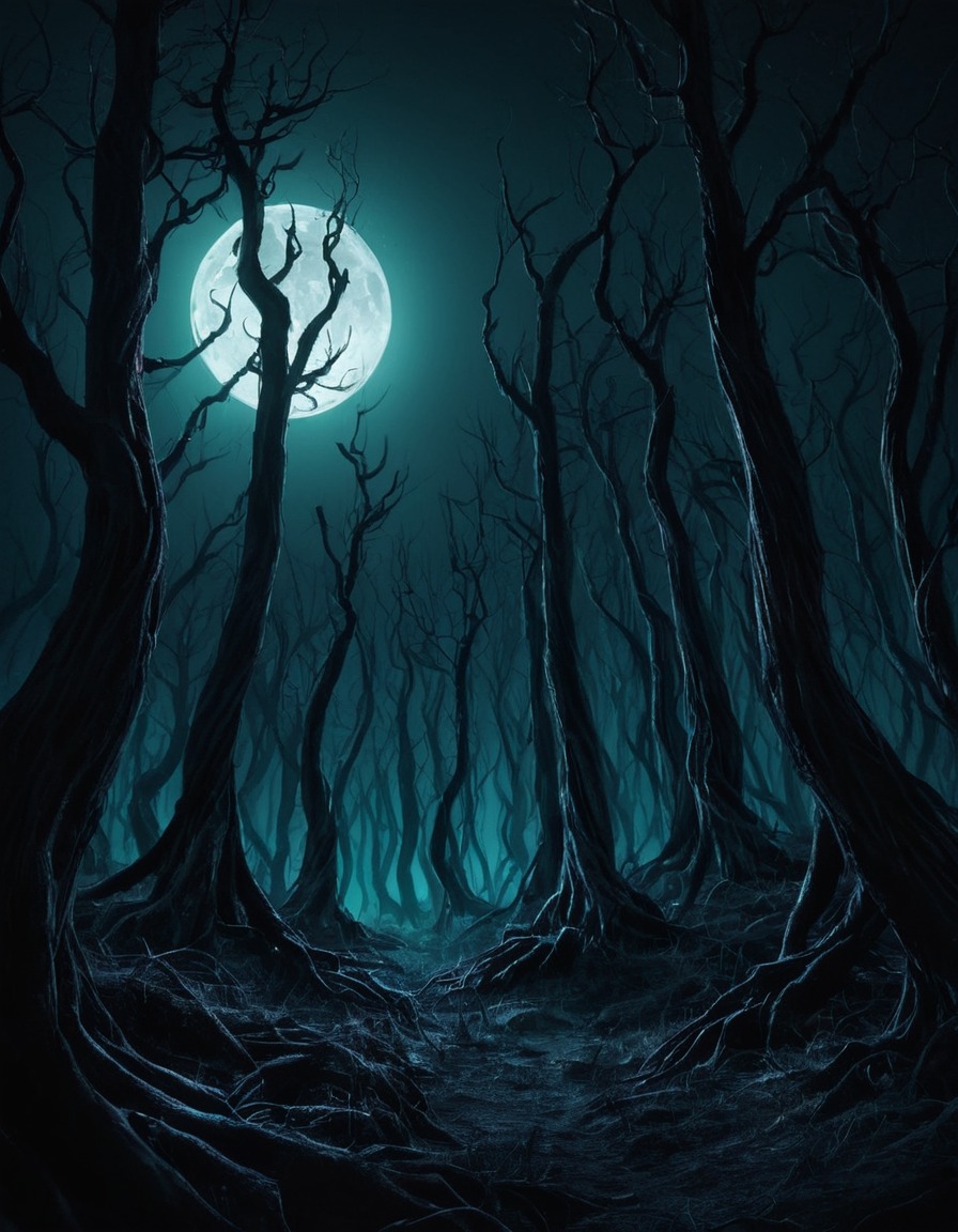 darkness, moonlight, twisted trees, mysterious, eyes, lovecraft, howard lovecraft