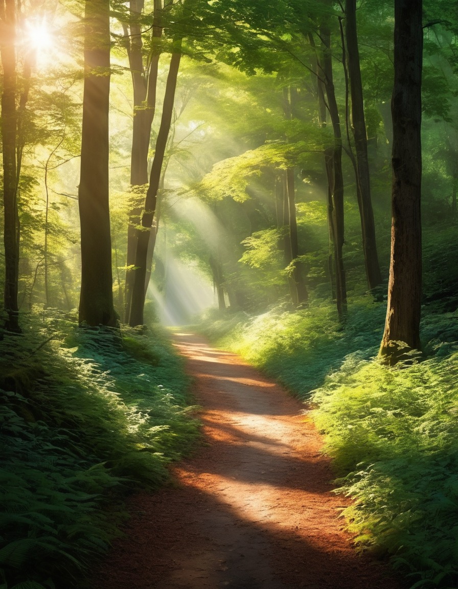 nature, forest, path, sunlight, tranquility