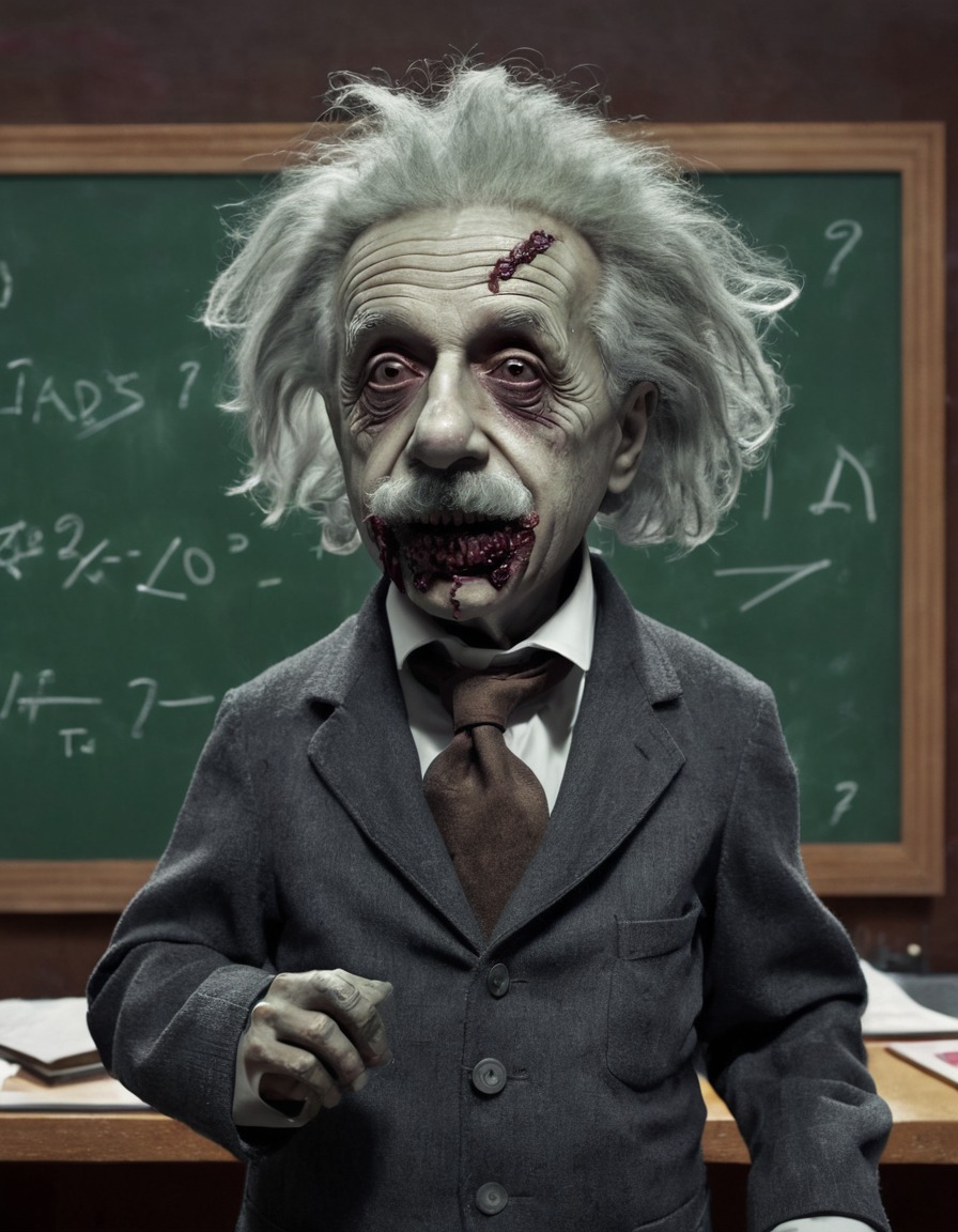 albert einstein, zombie, wild hair, brain, chalkboard, equations