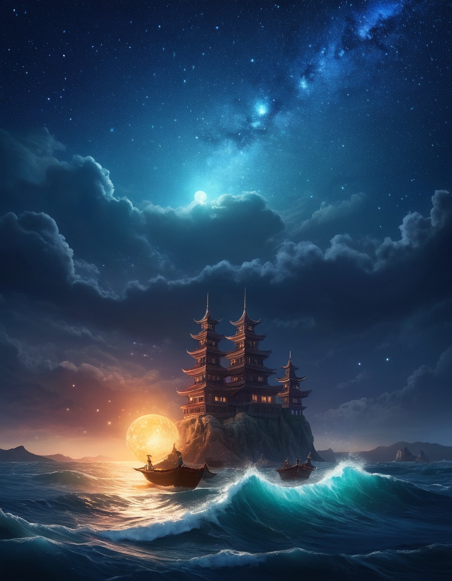 umibōzu, japanese folklore, sea monster, night sky, illustration, mythical creature