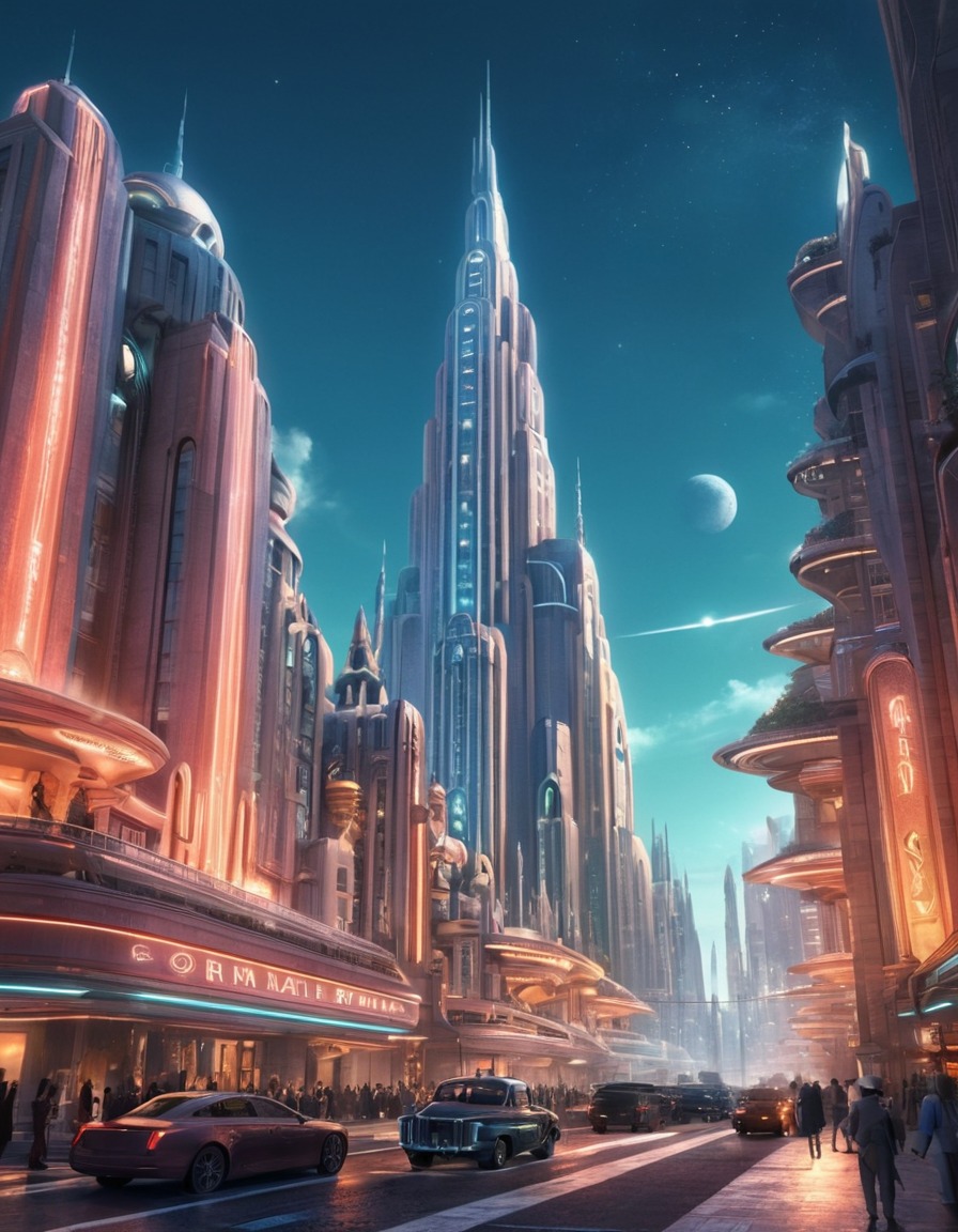 futuristic, metropolis, art deco, elegance, modernity, architecture, cityscape