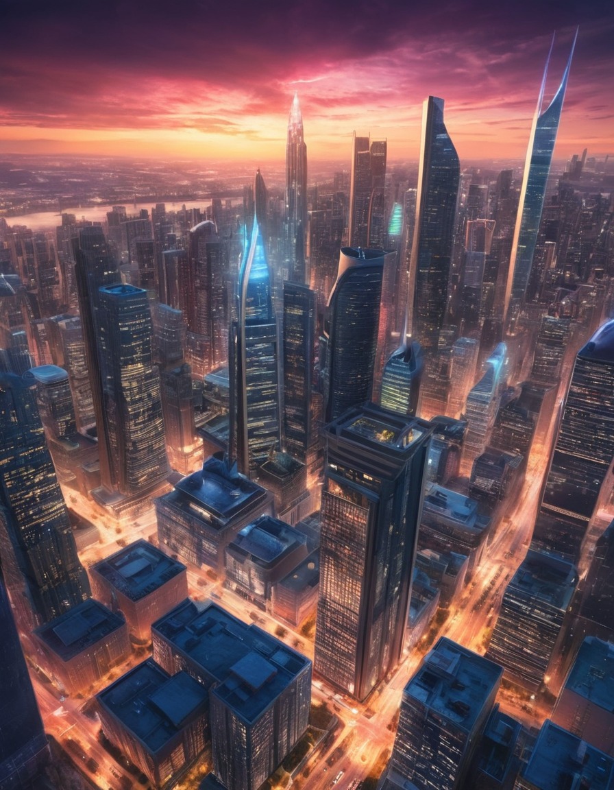 cityscape, skyline, modern architecture, skyscrapers, futuristic buildings