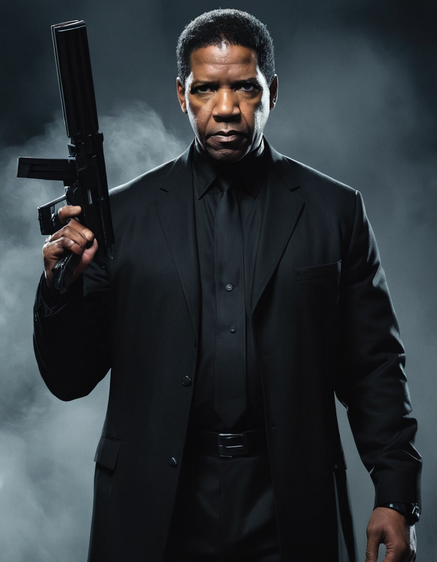 denzel washington, actor, menacing, weapon, all black, sinister smirk