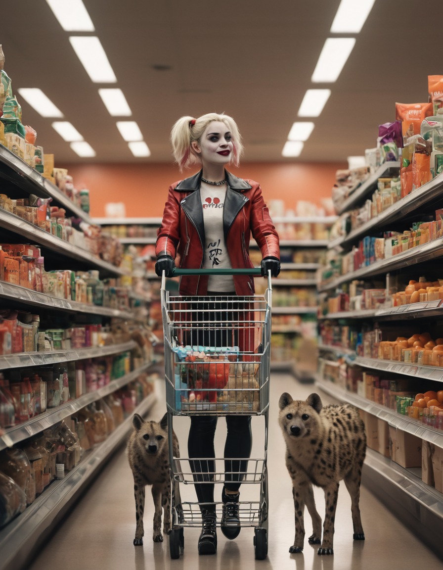 harley quinn, grocery shopping, pet hyenas, dc comics, cosplay, superhero, superheroine, bikini