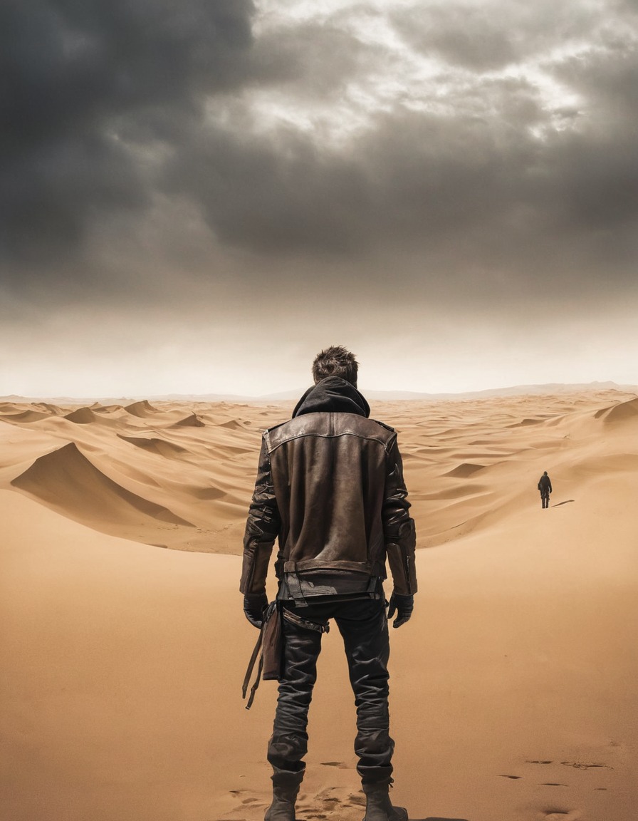 post-apocalyptic, wasteland, sand dunes, lone figure, leather jacket, mad max