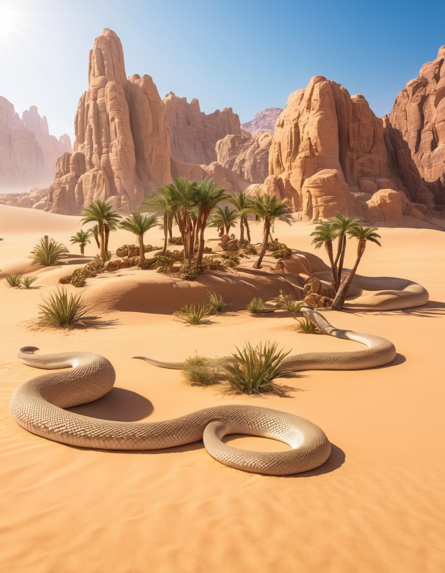 desert, oasis, nomadic, sand creatures, giant serpents, fantastic