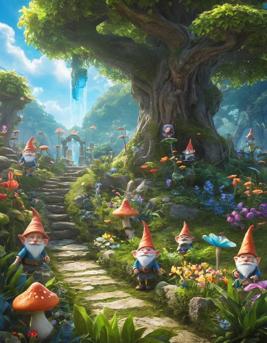 fantasy, magical garden, sentient plants, mischievous sprites, jovial gnomes, fantastic