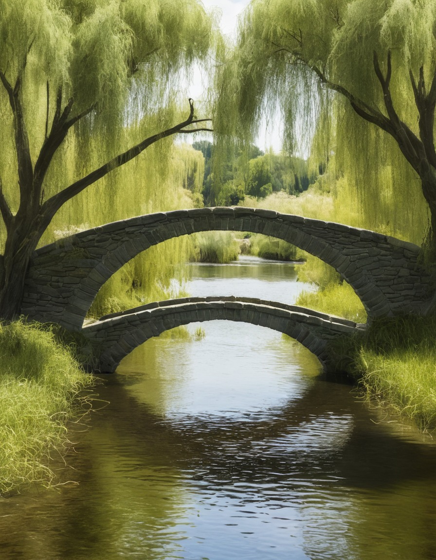 nature, landscape, bridge, river, willow trees