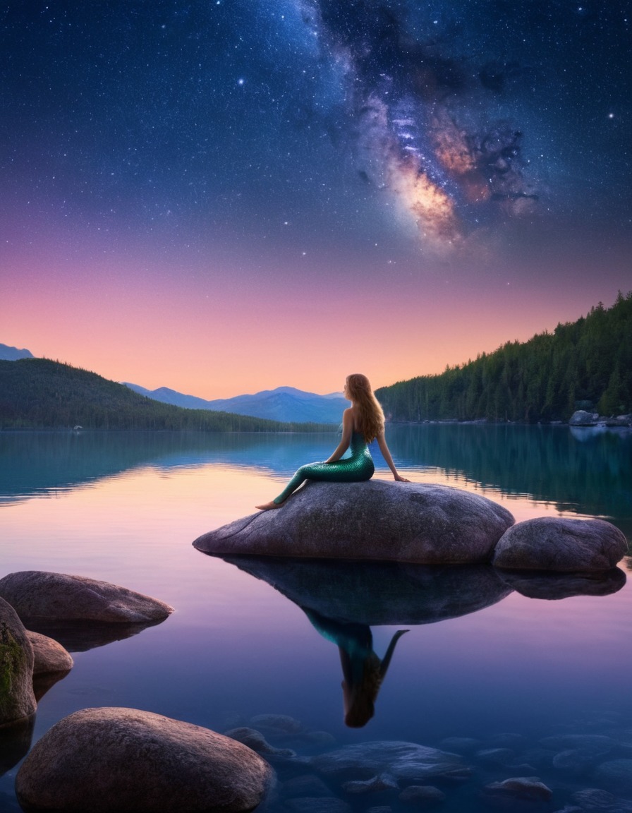 lake, starlit sky, mermaid, reflection, nature, fantastic