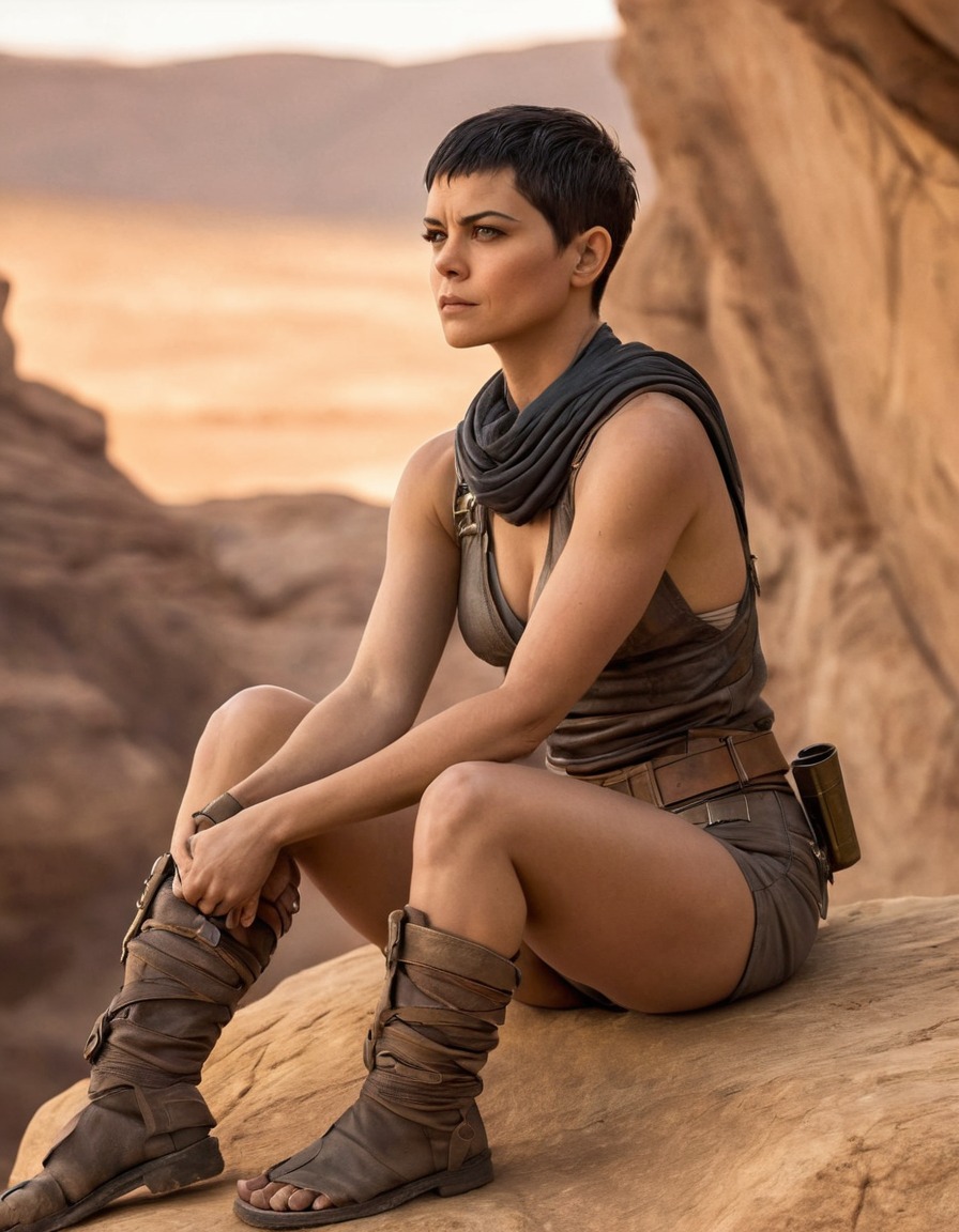 furiosa, mad max, character, resting, rock, introspective