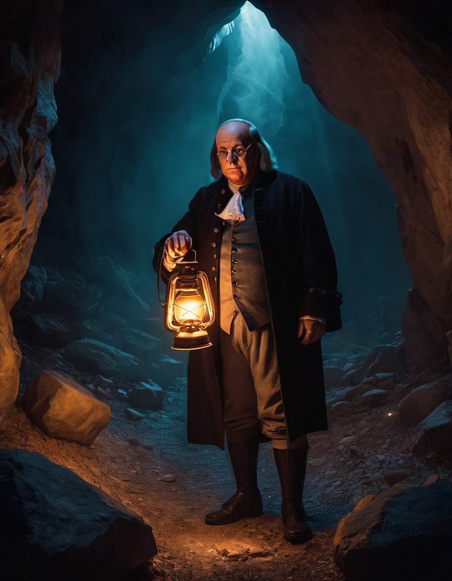 benjamin franklin, lantern, underground cavern, historical figure, inventor