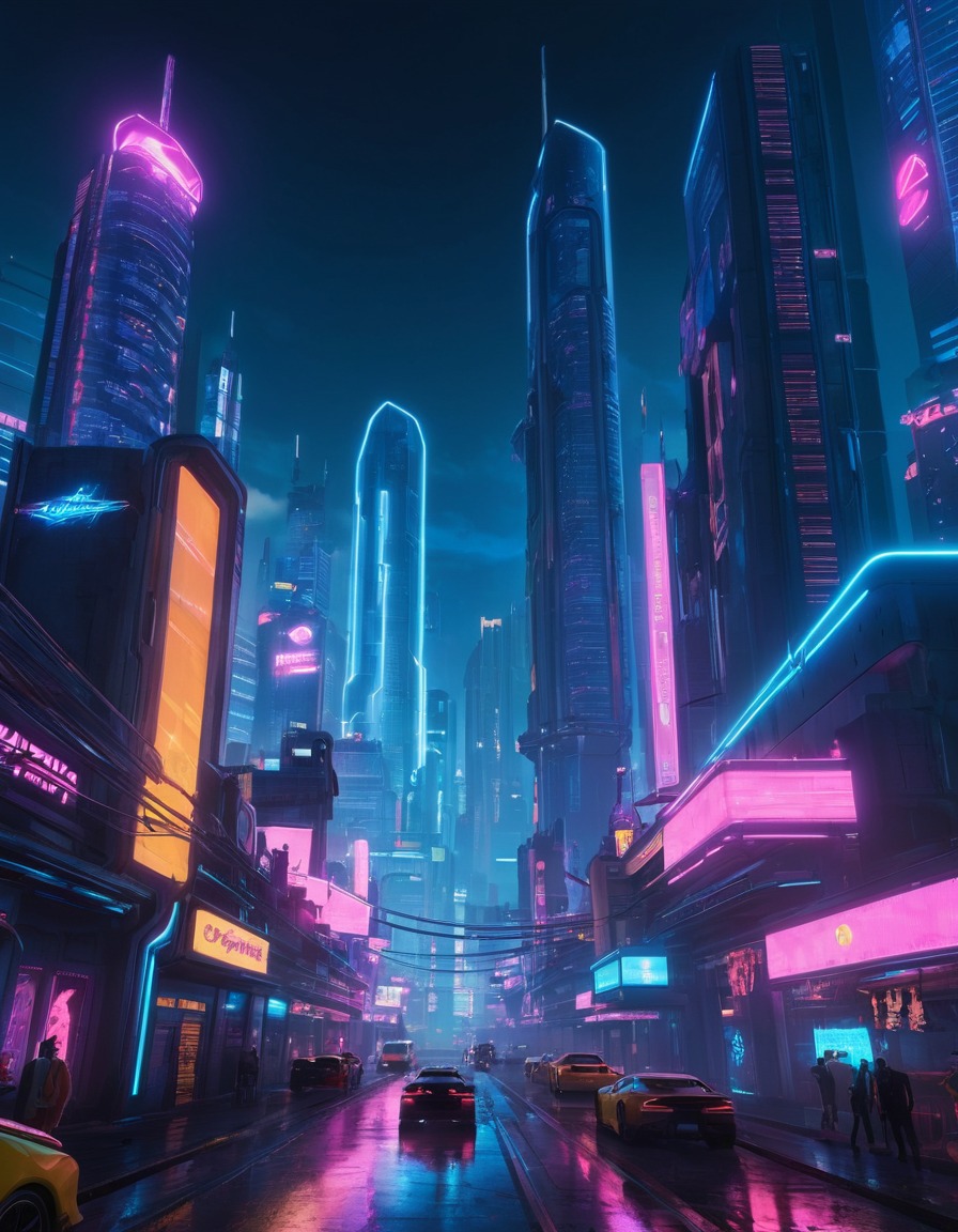 cyberpunk, futuristic, cityscape, neon lights, skyscrapers, computer games