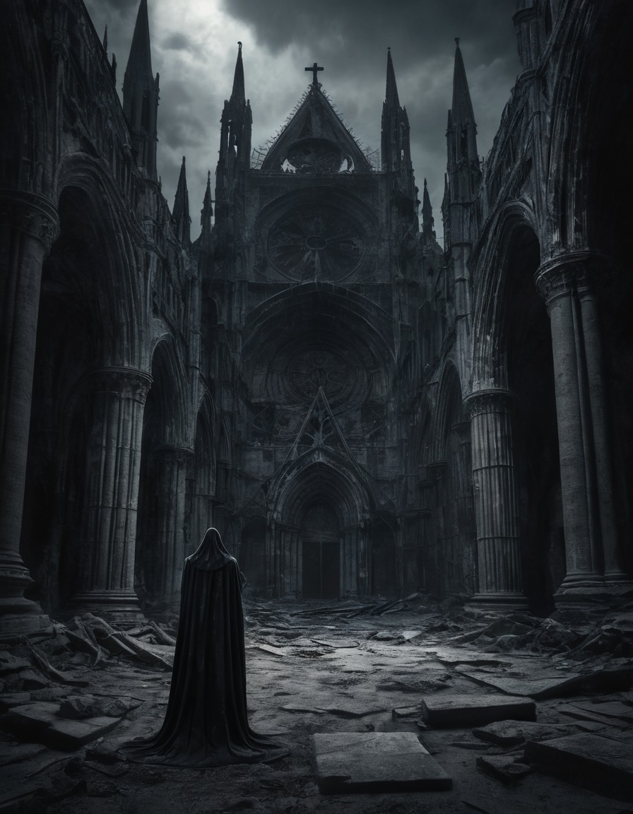 cathedral, shadows, mysterious figure, ancient, architecture, gothic, underground, dark