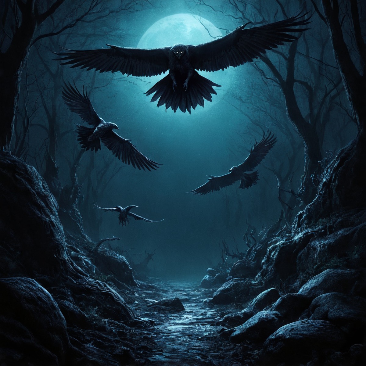 digitalart, magic, fantasyart, forest, bird, crows, ravens