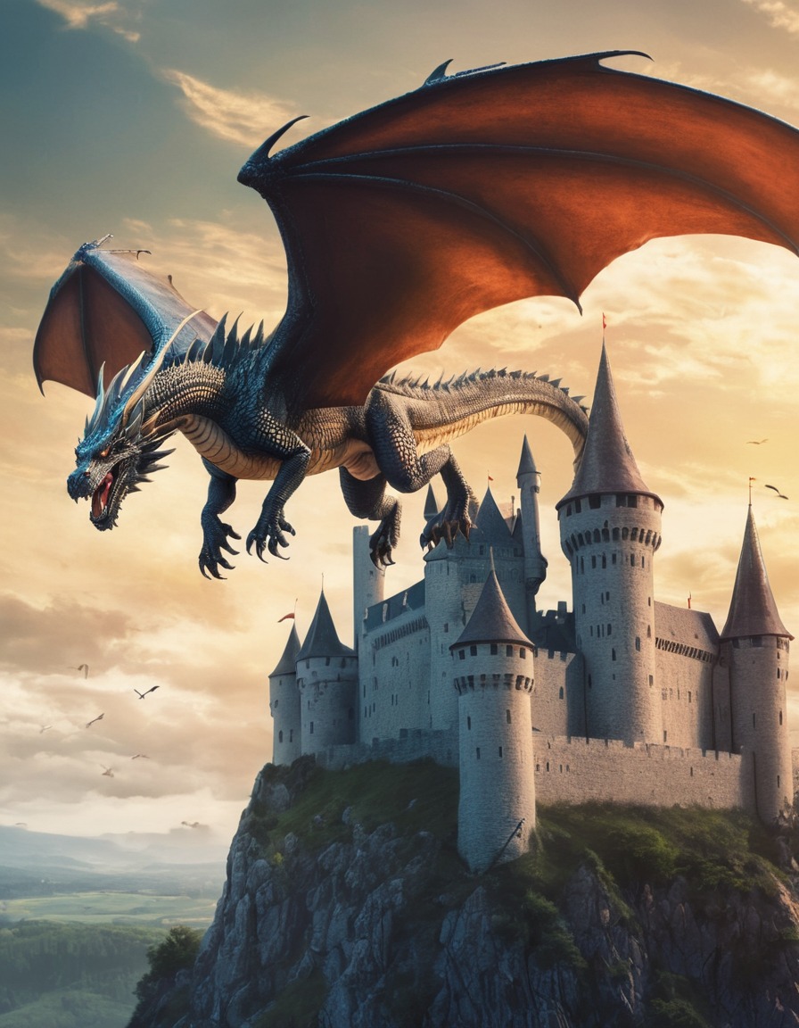 fantasy, dragon, castle, flying, majestic