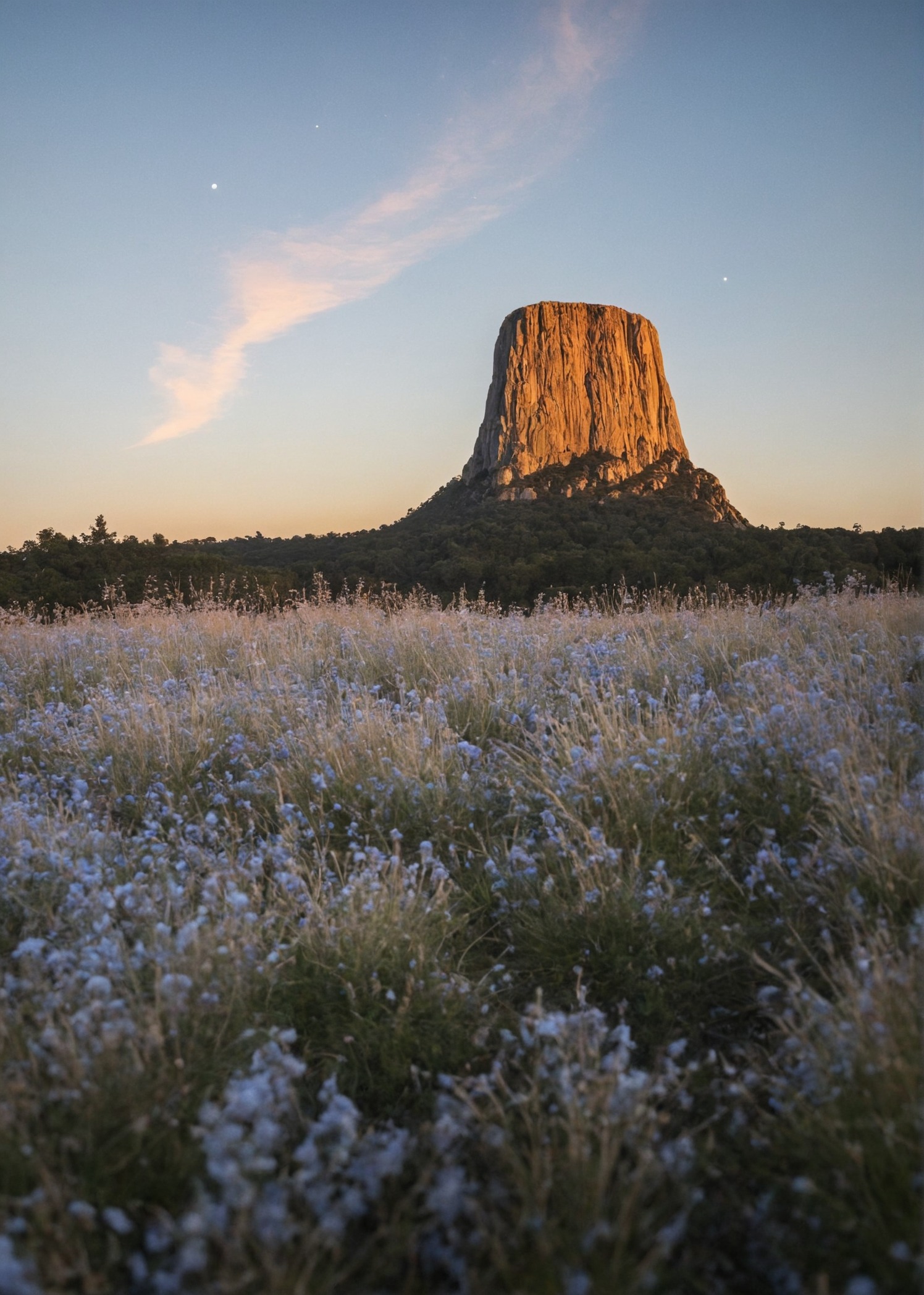 sunset, devil's tower, pastel sky, landscape photography, tranquil scenes, nature, frost-touched grass, serene landscapes, golden hour, outdoor beauty, majestic views, travel destinations, wyoming, natural wonders, dusk moments