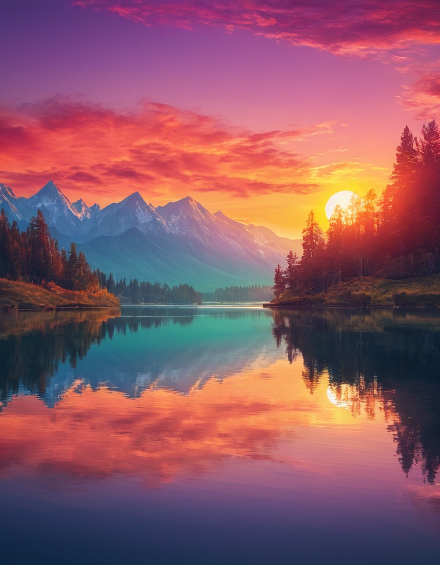 sunset, lake, vibrant colors, reflection, tranquil