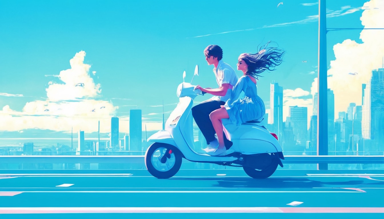 city, cityscape, couple, flatcolor, lovers, popart, scooter, aiart, aiillustration, aiartwork