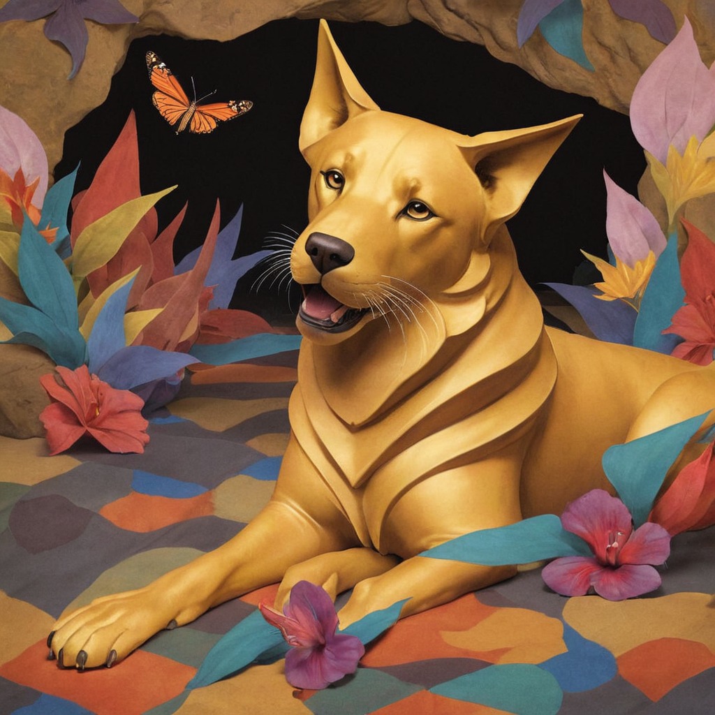 animal, animalart, dreamup, digitalart, characterdesign, portrait, surreal, wildlife, photography, digitalpainting, canine, cave, dog, goldleaf, pawsandclaws, ai_art, harvesthue