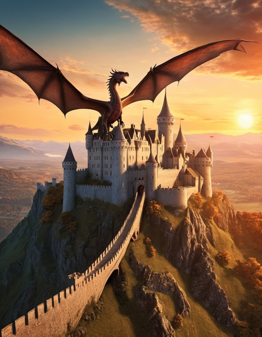 wyvern, castle, sunset, fantasy