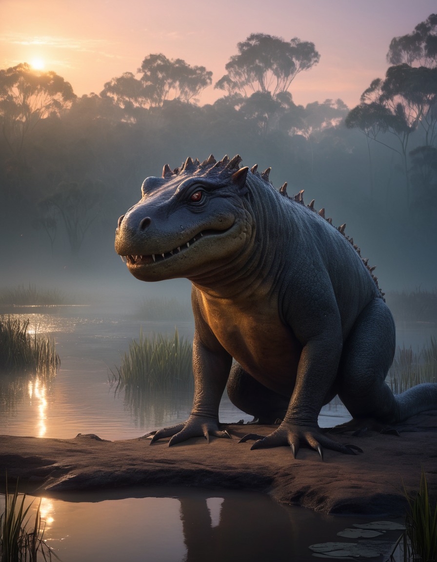 bunyip, australian wildlife, billabong, mist, dusk, mythological creature