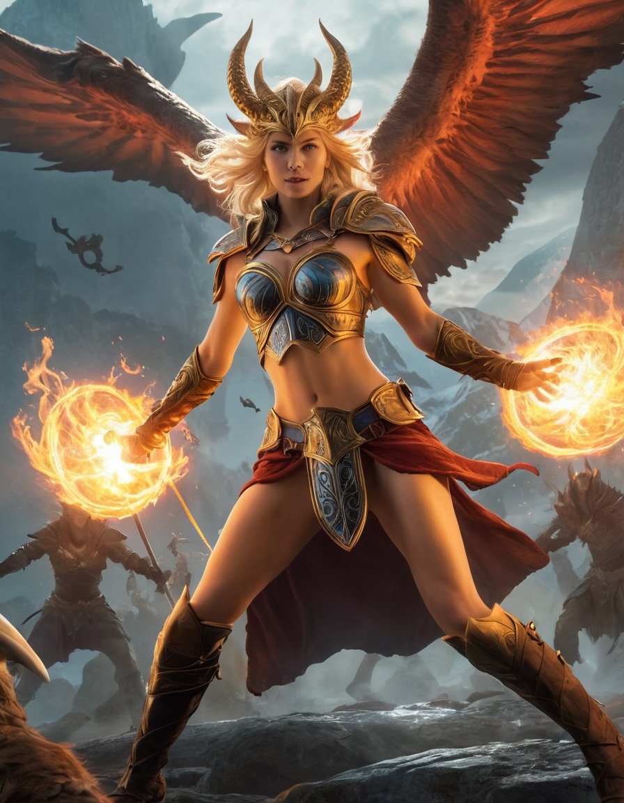 freyja, norse mythology, epic battle, fight scene, monsters, warrior goddess, mythological beings