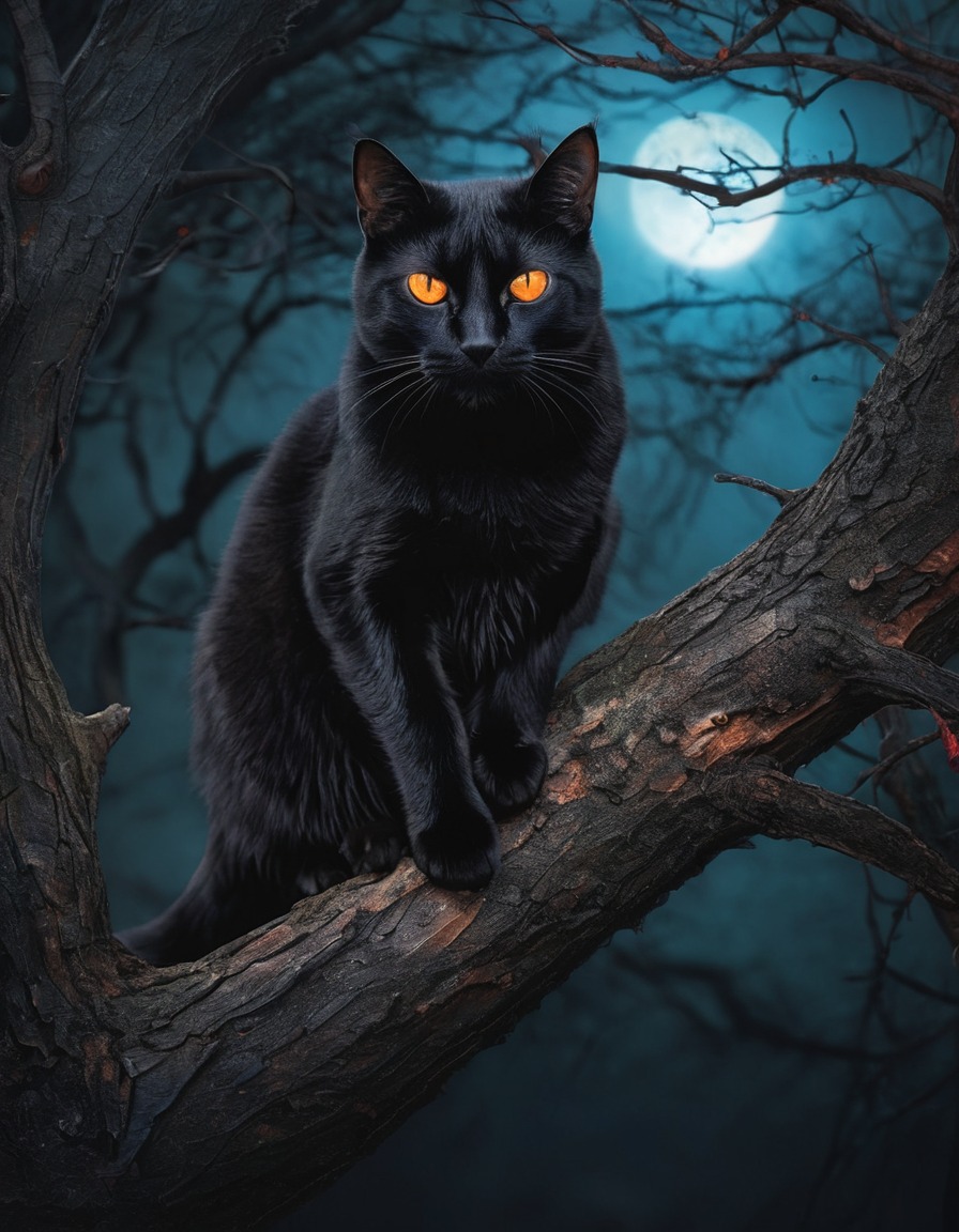 black cat, glowing eyes, perched, gnarled tree branch, halloween, gothic, underground, dark